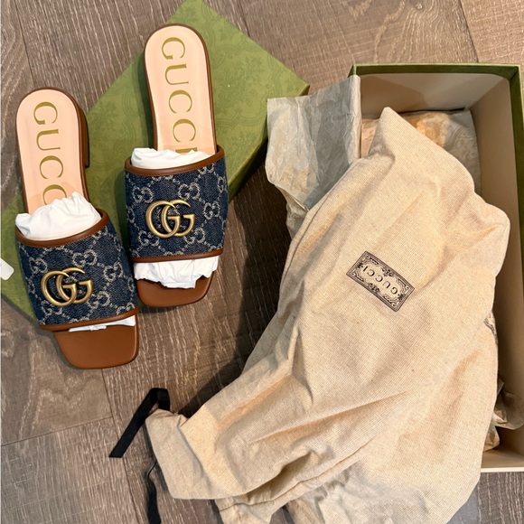 Gucci Denim and Gold Slide Sandals - Picture 2 of 4